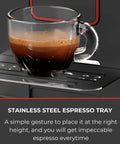 Magenta Prestige Super Automatic Espresso Machine With 12 Custom Drink Settings And On The Fly Programming For Quick Preference Saves Delivers Rich Espresso, Lattes, Cappuccinos, And More Black Finish, showing espresso on tray
