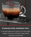 Super Automatic Espresso Machine With One Touch Brewing And On The Fly Settings To Nail Your Favorite Cups Featuring A Bright Color Screen That Brings Top Shelf Cafe Energy Home Coupled With A Generous 60 Ounce Reservoir For Stress Free Barista Level showing a glass cup of espresso sitting on a stainless steel espresso tray.