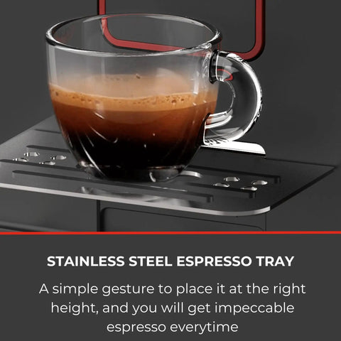 Super Automatic Espresso Machine With One Touch Brewing And On The Fly Settings To Nail Your Favorite Cups Featuring A Bright Color Screen That Brings Top Shelf Cafe Energy Home Coupled With A Generous 60 Ounce Reservoir For Stress Free Barista Level showing a glass cup of espresso sitting on a stainless steel espresso tray.