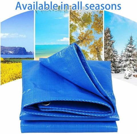 Blue 20x40 Heavy Duty 5 Mil Tarp Cover Waterproof UV Resistant Poly Tarpaulin folded with seasonal backgrounds