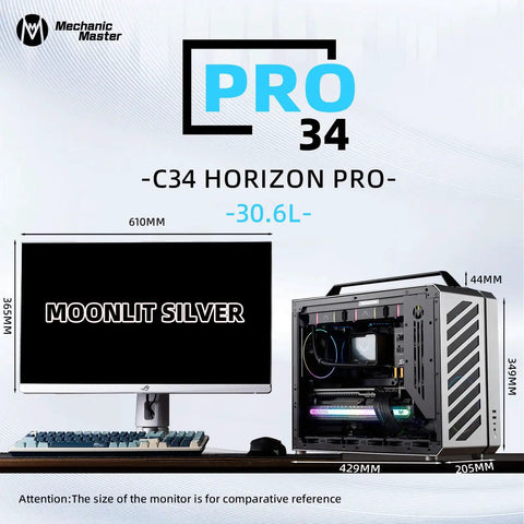 Portable Compact ATX E-ATX Gaming PC Case Silver Built For Gamers On The Go, Modular Layout For ATX E-ATX Boards, Holds 360mm Radiators, 420mm GPUs, 220mm PSUs, 165mm Towers, Multi Zone Fans For Serious Chill. Silver ATX/e-ATX PC case with carry handle, shown beside monitor for size reference