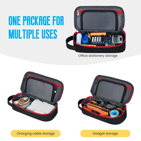 Large Pencil Case With Big Capacity Aesthetic Pen Pouch For Office Organizer Minimalist Portable Stationery Bag With Handle Black Durable Pencil Storage For School Travel Grab And Go shown storing stationery, cables, and gadgets.