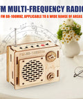 DIY FM Radio Kit For Beginners Build Your Own 88 To 108 MHz Radio Toy featuring wooden speaker box on table.