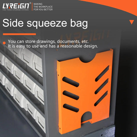 Side view of 24 Drawer Plastic Parts Storage Cabinet With Steel Frame Heavy Duty Compartment Organizer For Workshop And Garage Pro Grade Multi Drawer Tool And Parts Storage Container with orange side squeeze bag attachment.