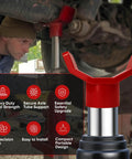 Beefy Heavy Duty 12 Ton Bottle Jack Adapter With One Quarter Inch Steel Axle Saddle used under a vehicle.