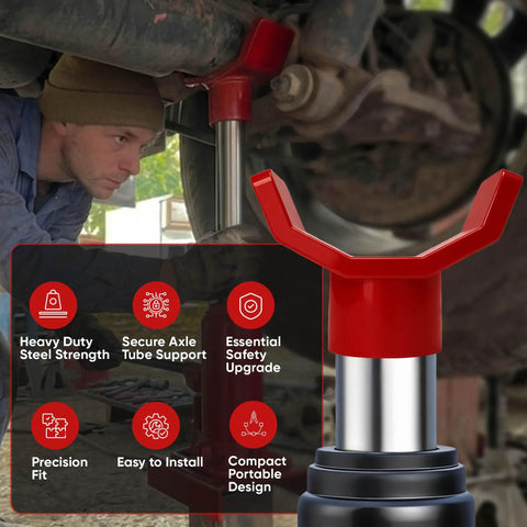 Beefy Heavy Duty 12 Ton Bottle Jack Adapter With One Quarter Inch Steel Axle Saddle used under a vehicle.