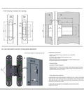 Heavy Duty Invisible Hinge Set Featuring Automatic Closing With Adjustable Hydraulic Buffer For Secret Doors size diagram and adjustment instructions.