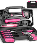 Pink 40 Piece Hand Tool Kit Set With Storage Toolbox for DIY Home Office Garage And Dorm Use Includes Hex Keys, Screwdrivers, Hammer