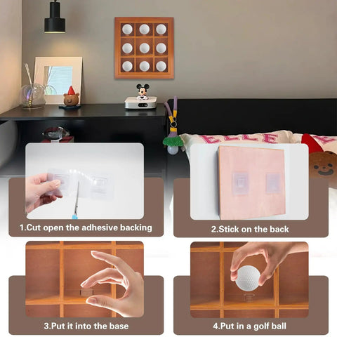Nine Hole Golf Ball Display Case With Ring Bases for Tabletop or Wall Mount, clear acrylic door, step-by-step setup guide