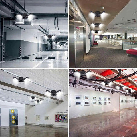 Collage of Ultra Bright Garage LED Ceiling Lights Pack Of 2, 6000 Lumen 6500K Daylight in different settings