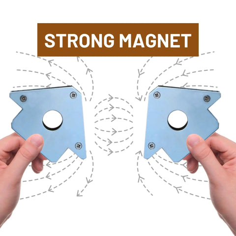 Hands holding 4 Piece Welding Magnetic Squares 4 And 3 Quarter Inch With 40 Lb Beast Grip Hands Free Tool, showing strong magnet.