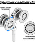 Close-up of 8 Pack Wheel Trolley Barn Door Rollers for one and three quarter inch wide tracks and two and quarter inch or taller rails, solid steel construction, featuring precision ball bearings and zinc plating.