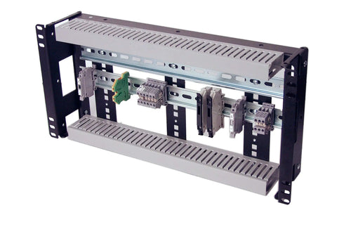 5U Rackmount DIN Rail Panel With 3.78 Inch Low Profile Depth, 14 Gauge Steel, PVC Wire Duct, Adjustable Height, Relay Racks