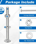 Stainless Steel Carriage Bolt Kit 50 Sets One Quarter Twenty Thread Three Inch Round Head Square Neck Bolts With 50 Hex Nuts And 50 Flat Washers For DIY Furniture Decks Outdoor Projects And Quick Fastening product diagram