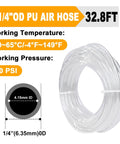 Coiled clear PU air hose 32.8ft with temperature and pressure specs, Clear PU Air Hose Kit For Your Shop Or Garage One Quarter Inch Inner Diameter Six Millimeter Outer Diameter Flexible Polyurethane Tubing Thirty Two Point Eight Feet Ten Meters Built Tough For Air Compressors And Fluid Transfer Wear Resistant