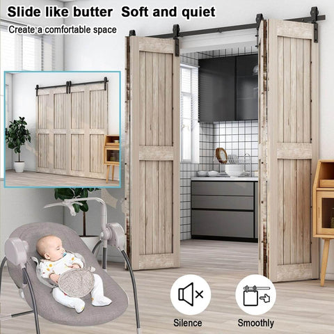 72 Inch Bi Fold Sliding Barn Door Hardware Kit For Four Doors Fit 68 Inch Opening installed in modern farmhouse interior