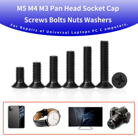 M5 M4 M3 pan head socket cap screws, bolts, nuts, washers for laptop, PC repairs; includes screw and hardware images.