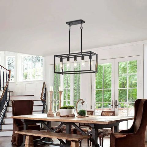 5-Light Black Farmhouse Kitchen Chandelier hanging above dining table, rectangular linear pendant light, modern rustic interior