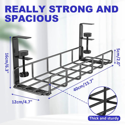 Under Desk Cable Management Tray No Drill Setup Clamp Mount Steel Wire Organizer, 15.7 inch black metal cord rack dimensions