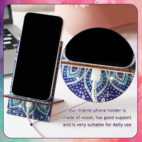 Image of a mandala-designed phone stand with a phone, from 4 Pack Large Mandala Diamond Painting Phone Stand Kit 5.5 Inch DIY Full Drill Crystal Diamond Art Phone Holder Bling Craft Set For Beginners And Adults Creative Home Phone Accessory.