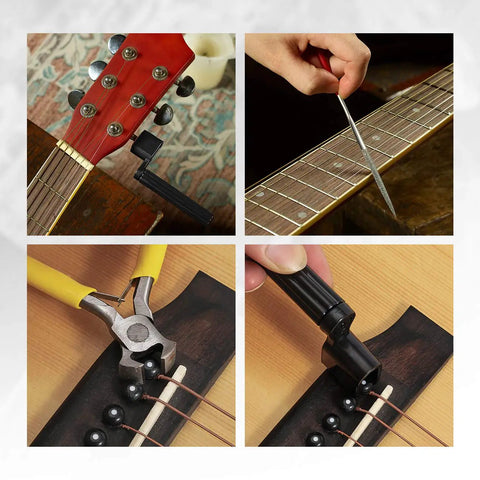Gig Ready Pro Grade All In One Guitar Repair Tool Kit 45 Pcs Set With fret crowning file and string winder in use