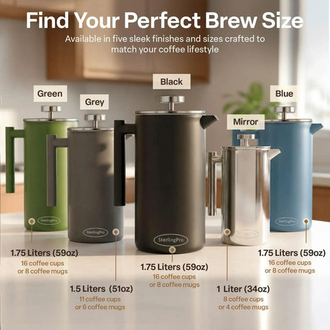 Big Batch French Press Coffee Maker That Will Not Quit Double Wall Stainless Steel Plastic Free Insulated Brewer in five sizes
