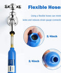 Two Pack RV Inline Water Filter System With Flexible Hose Protectors attached to faucet showing 3/4 inch hose connections