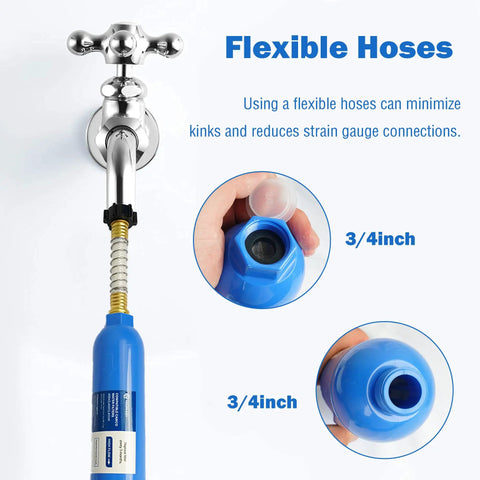 Two Pack RV Inline Water Filter System With Flexible Hose Protectors attached to faucet showing 3/4 inch hose connections