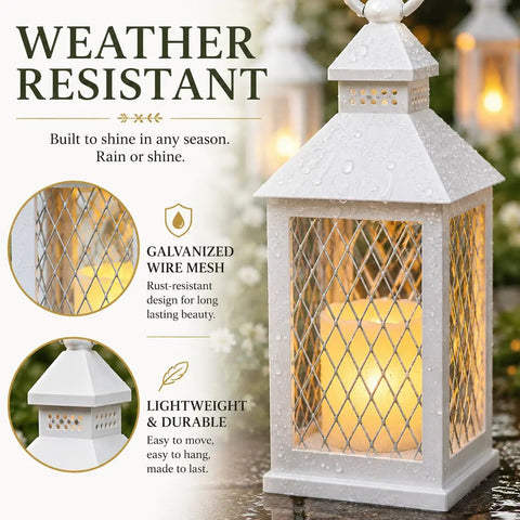 White weather resistant lantern with flameless LED candle, mesh sides, part of 12 Piece 10 Inch Decorative Lantern Set With Flameless LED Candles And 5 Hour Timer For Indoor Outdoor Use White Rustic Vintage Look Weather Resistant Garden Patio Weddings Includes Bonus String Lights.
