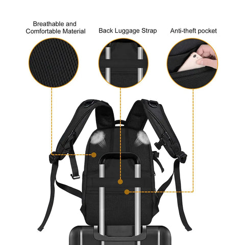 Back view of Hard Shell Waterproof Camera Backpack For DSLR SLR And Mirrorless Gear with luggage strap and anti-theft pocket.