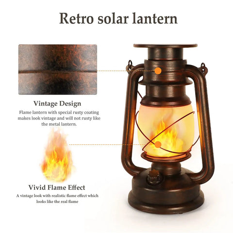 Outdoor Solar Lanterns With Flicker Flame LED showcasing vintage design and vivid flame effect, metal body with rustic finish.