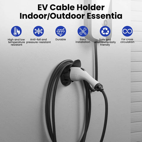 Heavy Duty J1772 EV Charger Wall Mount with Rock Solid Cord Cradle and Outlet Shield for indoor/outdoor use with cables neatly organized.