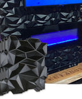 12 Pack 3D Diamond Wall Panels Matte Black PVC Cladding For Indoor Walls, Waterproof, Fire Resistant, Installed around a fireplace