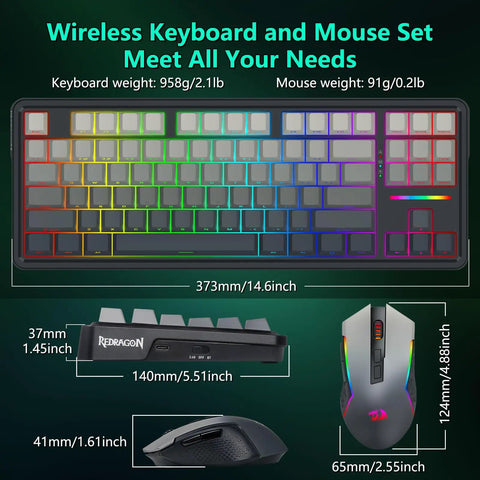 Wireless Mechanical Keyboard And Mouse Combo With Tri Mode Connectivity And Glowing Rgb Backlighting For Zero Cable Chaos And Sick Gaming Setups On Any Clean Office Desk In Matte Black dimensions and weights.