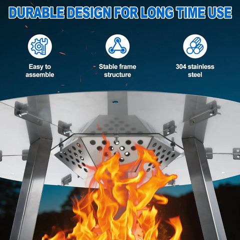 27 Inch Heat Deflector For Yukon Fire Pit Stainless Steel Diffuser with flames underneath, three legs, and design features