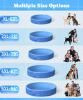 Foldable Dog Pool With Sprinkler And RGB LED Light 72 Inch Collapsible Hard Plastic Bathing Pool shown in various sizes with families and pets