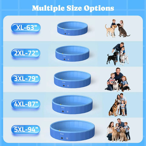Foldable Dog Pool With Sprinkler And RGB LED Light 72 Inch Collapsible Hard Plastic Bathing Pool shown in various sizes with families and pets