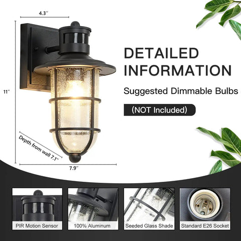 Two Pack Smart Motion Sensor Outdoor Wall Lanterns With Seeded Glass Dusk To Dawn Exterior Porch Lights Aluminum Front Door Lighting