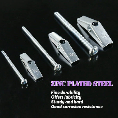 Image of zinc-plated steel toggle bolts in 1/8, 3/16, and 1/4 sizes for drywall shown with wing nuts. Assorted Toggle Bolts And Wing Nuts Kit For Drywall Hanging Heavy Items, 24 Pieces, Includes One Eighth Inch, Three Sixteenth Inch, And One Quarter Inch Sizes For Strong, Reliable Wall Mounts And Easy, Versatile Fastening. Text reads fine durability, offers lubricity, sturdy and hard, good corrosion resistance.