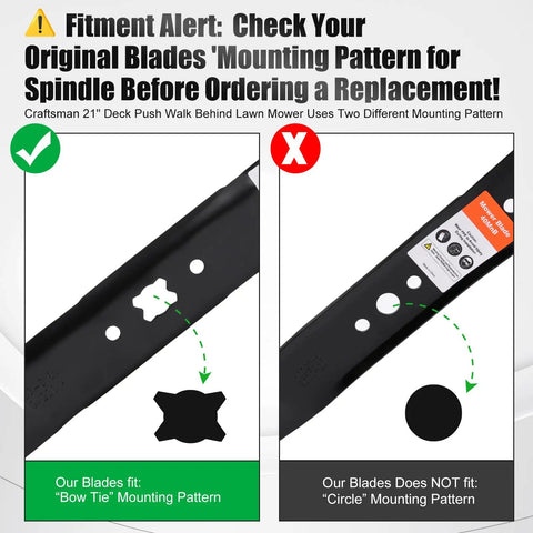 Diagram showing correct 'Bow Tie' and incorrect 'Circle' mounting patterns for 21 Inch Mulching Mower Blade Replacement For Troy Bilt TB Series Walk Behind Fits TB110 TB240 TB230 TB130 TB200 TB160 TB210 TB280ES TB320 TB115 TB220 9420741A 7420741A 74204276.