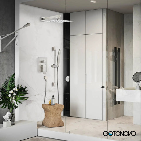 Shower Faucet Set With 12 Inch Rain Shower Head And Handheld Spray, Brushed Nickel Wall Mounted Trim Kit With Slide Bar