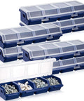 Six Pack Screw Organizer Boxes With Lids, Four Compartments Each, Plastic Stackable Hardware Organizer For Small Parts Sorting, Blue.
