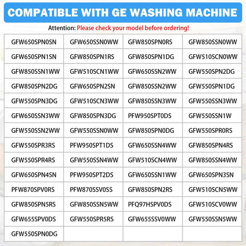 Washer drain pump and filter assembly compatibility chart for GE front-load washers, listing models WH11X29539 and WH11X39237.