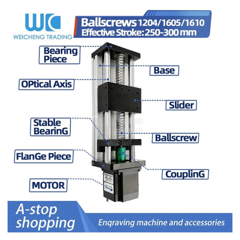 Sliding Table For CNC Machines With X Y Z Axis, Linear Motion Guide Rail And Ball Screw, Fits 1204 1605 1610 Models, Adjustable Stroke 250mm Or 300mm, Heavy Duty Motion System For Precise Smooth Travel diagram