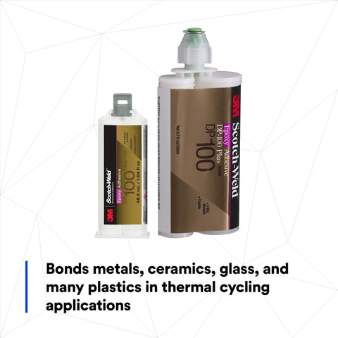 Epoxy Adhesive DP100 Plus Clear Duo-Pak 48.5 mL (1.64 fl oz) containers, for bonding metals, ceramics, glass, and plastics.
