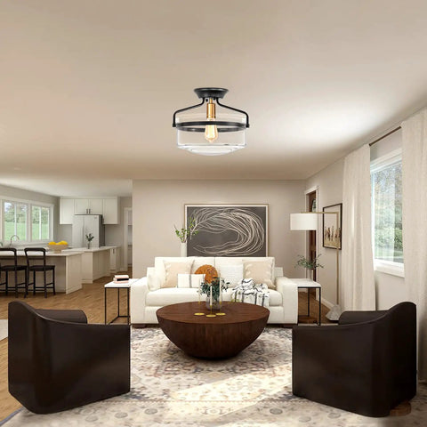 Dope Semi Flush Mount Ceiling Light for Porch Hallway Kitchen Bathroom and Living Room Black Fixture with Clear Glass Shade and Brass Socket