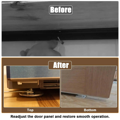 Before and after using Beefy Stainless Steel Bi Fold Door Repair Kit for 1-3/8 Inch Wood Doors, top and bottom mount view.