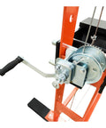 Heavy Duty 75 Ton Hydraulic Shop Press With Air Assist And Dual Pistons showing manual crank handle and pulley system.