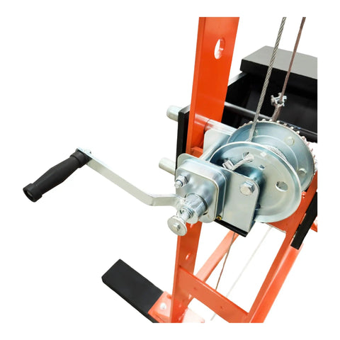 Heavy Duty 75 Ton Hydraulic Shop Press With Air Assist And Dual Pistons showing manual crank handle and pulley system.