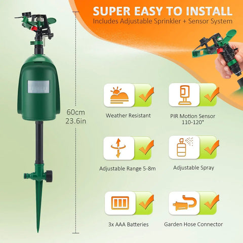 Motion Activated Yard Sprinkler System With Adjustable Head Deterrent For Deer Cats Raccoons And Dogs Skunk Deterrent Scares Off Intruders Outdoor Lawn Water Sprinkler Hose Not Included, 60cm green metal stake